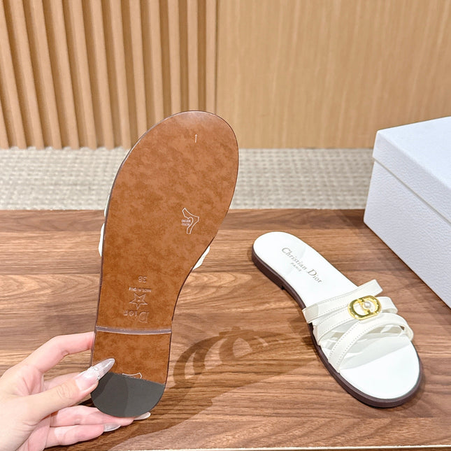 DIOR 26S MULTI STRAP SLIDE SANDALS IN WHITE CALFSKIN GOLD BUCKLE