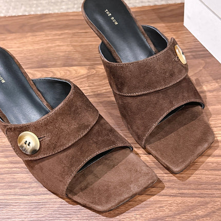 THE ROW 26S BUTTON DETAIL MULE SANDALS IN BROWN SUEDE