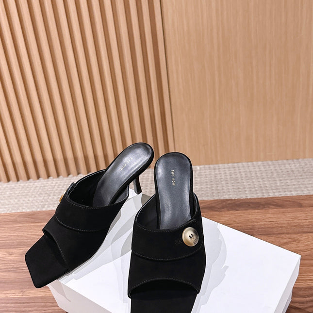 THE ROW 26S BUTTON DETAIL MULE SANDALS IN BLACK SUEDE