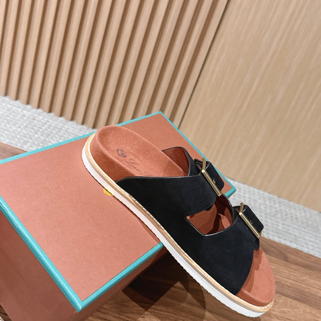 LP 26S DOUBLE BUCKLE SLIDES IN BLACK SUEDE GOLD HARDWARE