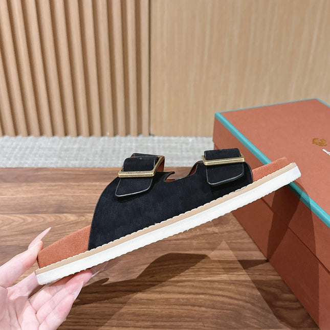 LP 26S DOUBLE BUCKLE SLIDES IN BLACK SUEDE GOLD HARDWARE