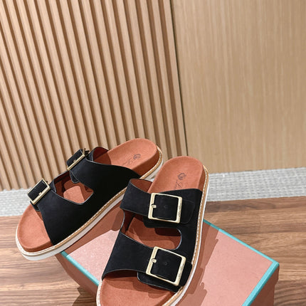 LP 26S DOUBLE BUCKLE SLIDES IN BLACK SUEDE GOLD HARDWARE