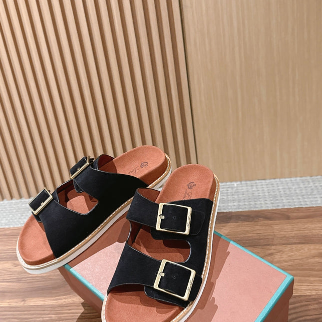 LP 26S DOUBLE BUCKLE SLIDES IN BLACK SUEDE GOLD HARDWARE
