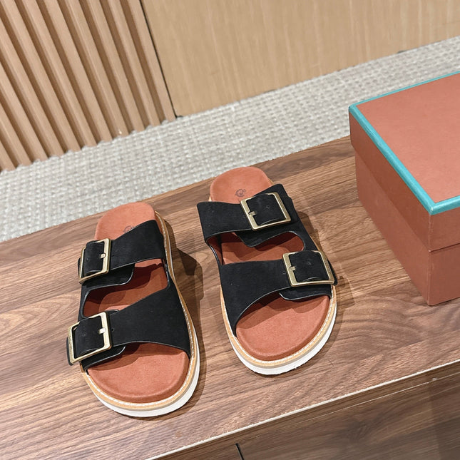 LP 26S DOUBLE BUCKLE SLIDES IN BLACK SUEDE GOLD HARDWARE