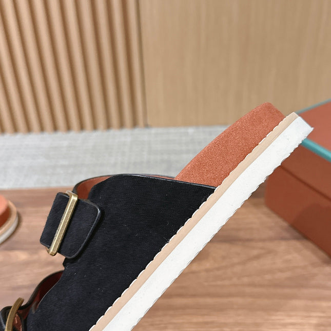 LP 26S DOUBLE BUCKLE SLIDES IN BLACK SUEDE GOLD HARDWARE