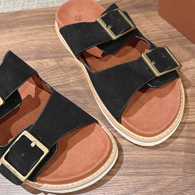 LP 26S DOUBLE BUCKLE SLIDES IN BLACK SUEDE GOLD HARDWARE