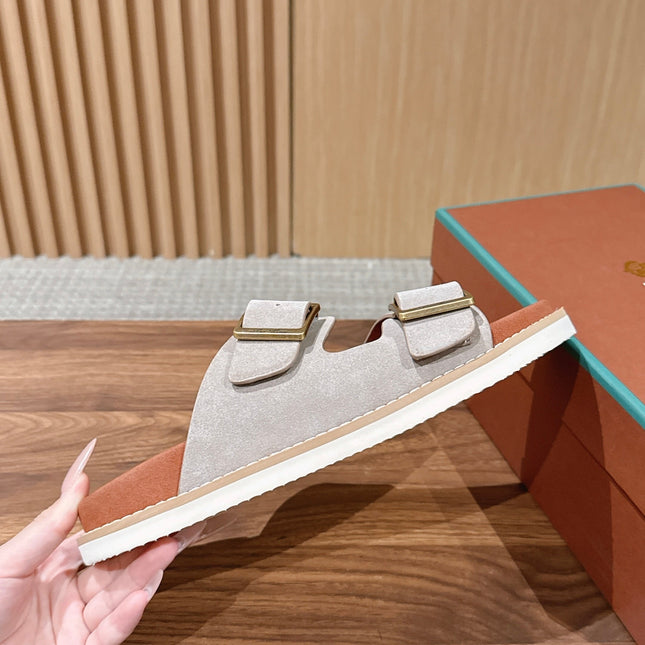 LP 26S DOUBLE BUCKLE SLIDES IN LIGHT GREY SUEDE GOLD HARDWARE