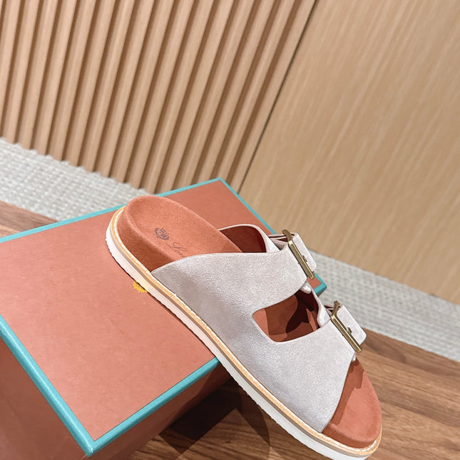 LP 26S DOUBLE BUCKLE SLIDES IN LIGHT GREY SUEDE GOLD HARDWARE