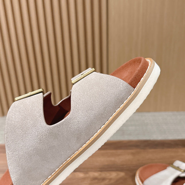 LP 26S DOUBLE BUCKLE SLIDES IN LIGHT GREY SUEDE GOLD HARDWARE