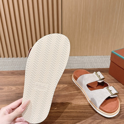 LP 26S DOUBLE BUCKLE SLIDES IN LIGHT GREY SUEDE GOLD HARDWARE