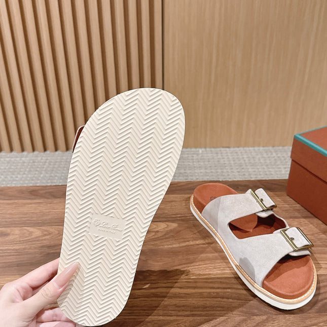 LP 26S DOUBLE BUCKLE SLIDES IN LIGHT GREY SUEDE GOLD HARDWARE