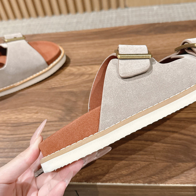 LP 26S DOUBLE BUCKLE SLIDES IN LIGHT GREY SUEDE GOLD HARDWARE