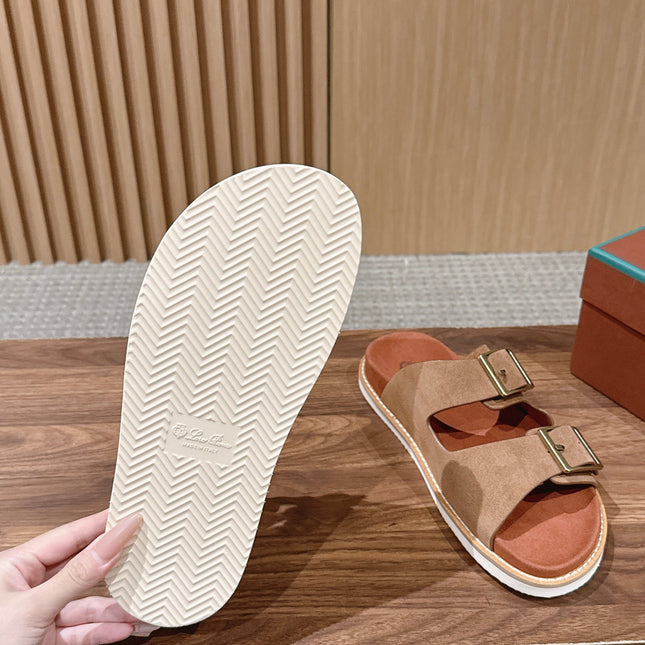 LP 26S DOUBLE BUCKLE SLIDES IN BROWN SUEDE GOLD HARDWARE