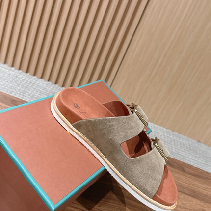 LP 26S DOUBLE BUCKLE SLIDES IN OLIVE BROWN SUEDE GOLD HARDWARE