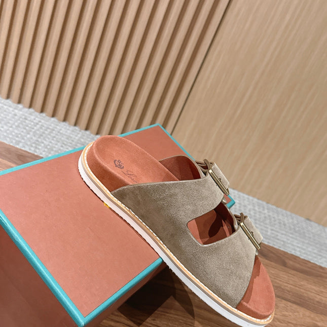 LP 26S DOUBLE BUCKLE SLIDES IN OLIVE BROWN SUEDE GOLD HARDWARE