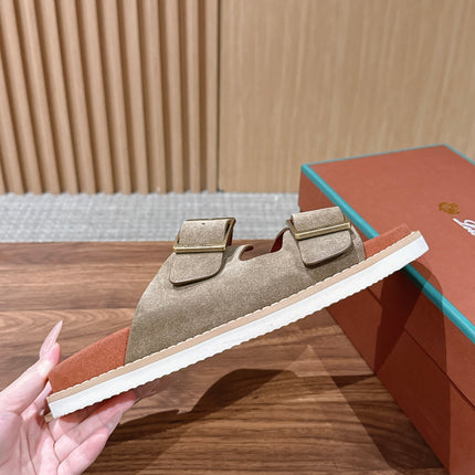 LP 26S DOUBLE BUCKLE SLIDES IN OLIVE BROWN SUEDE GOLD HARDWARE