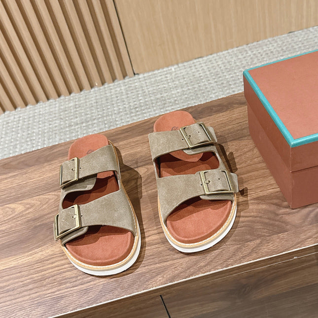LP 26S DOUBLE BUCKLE SLIDES IN OLIVE BROWN SUEDE GOLD HARDWARE