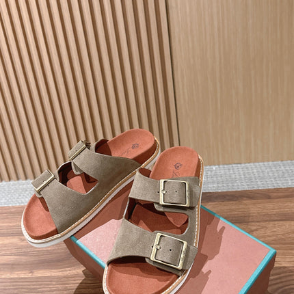 LP 26S DOUBLE BUCKLE SLIDES IN OLIVE BROWN SUEDE GOLD HARDWARE