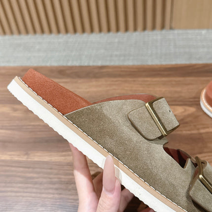 LP 26S DOUBLE BUCKLE SLIDES IN OLIVE BROWN SUEDE GOLD HARDWARE