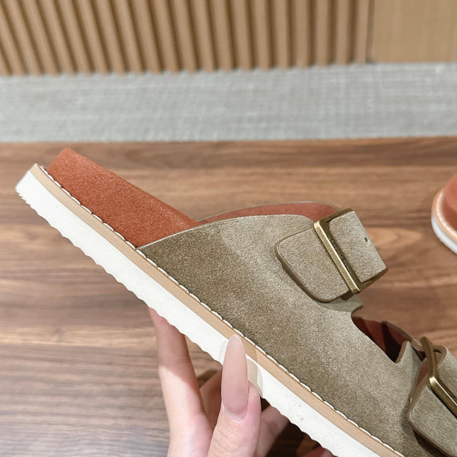 LP 26S DOUBLE BUCKLE SLIDES IN OLIVE BROWN SUEDE GOLD HARDWARE