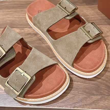 LP 26S DOUBLE BUCKLE SLIDES IN OLIVE BROWN SUEDE GOLD HARDWARE