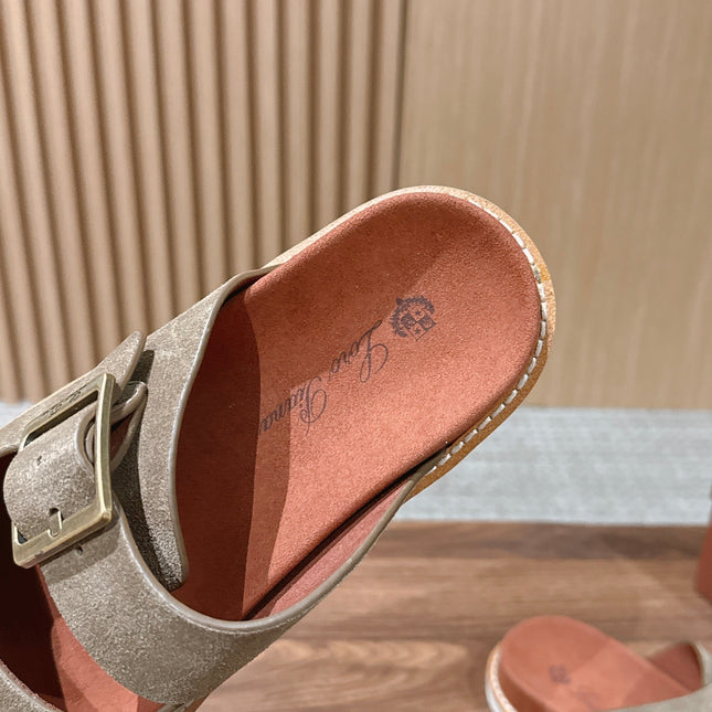 LP 26S DOUBLE BUCKLE SLIDES IN OLIVE BROWN SUEDE GOLD HARDWARE