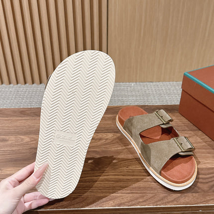 LP 26S DOUBLE BUCKLE SLIDES IN OLIVE BROWN SUEDE GOLD HARDWARE