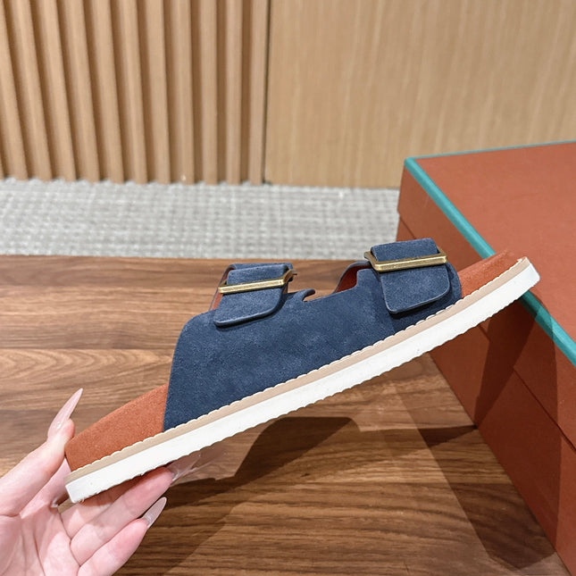 LP 26S DOUBLE BUCKLE SLIDES IN NAVY BLUE SUEDE GOLD HARDWARE