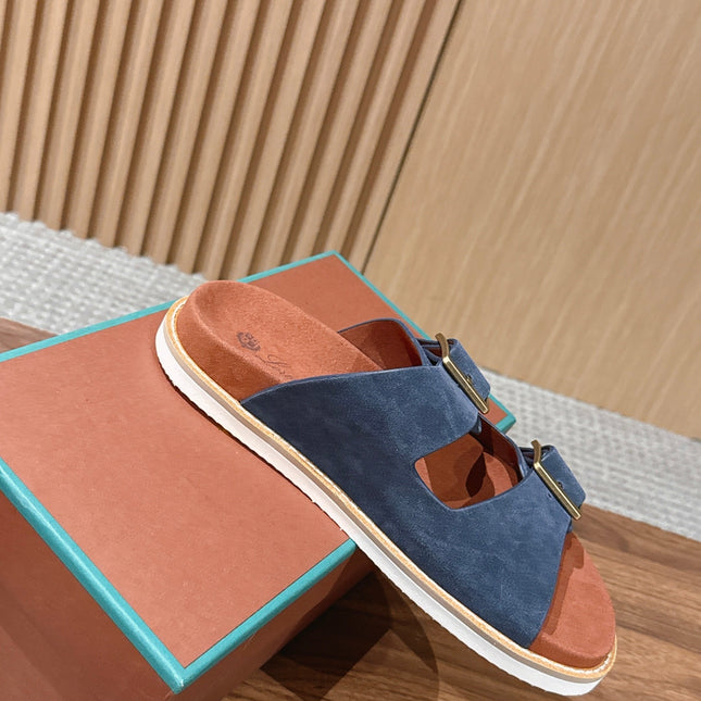 LP 26S DOUBLE BUCKLE SLIDES IN NAVY BLUE SUEDE GOLD HARDWARE