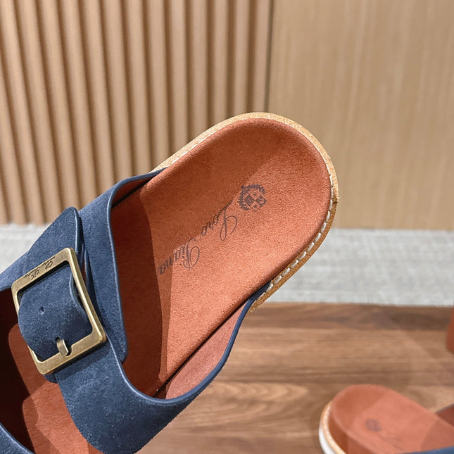 LP 26S DOUBLE BUCKLE SLIDES IN NAVY BLUE SUEDE GOLD HARDWARE