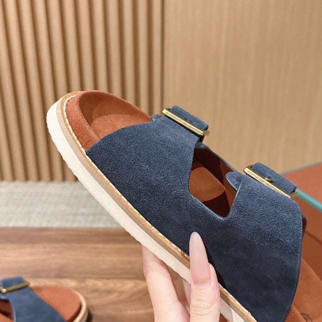 LP 26S DOUBLE BUCKLE SLIDES IN NAVY BLUE SUEDE GOLD HARDWARE