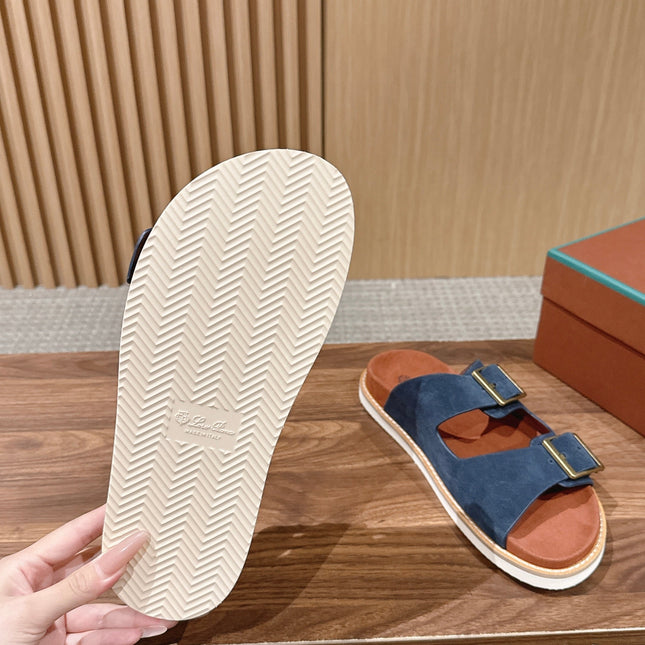 LP 26S DOUBLE BUCKLE SLIDES IN NAVY BLUE SUEDE GOLD HARDWARE