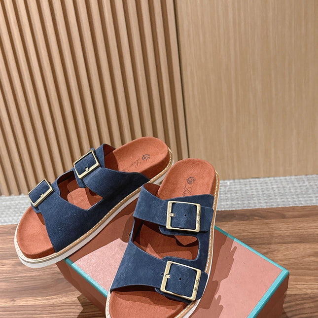 LP 26S DOUBLE BUCKLE SLIDES IN NAVY BLUE SUEDE GOLD HARDWARE