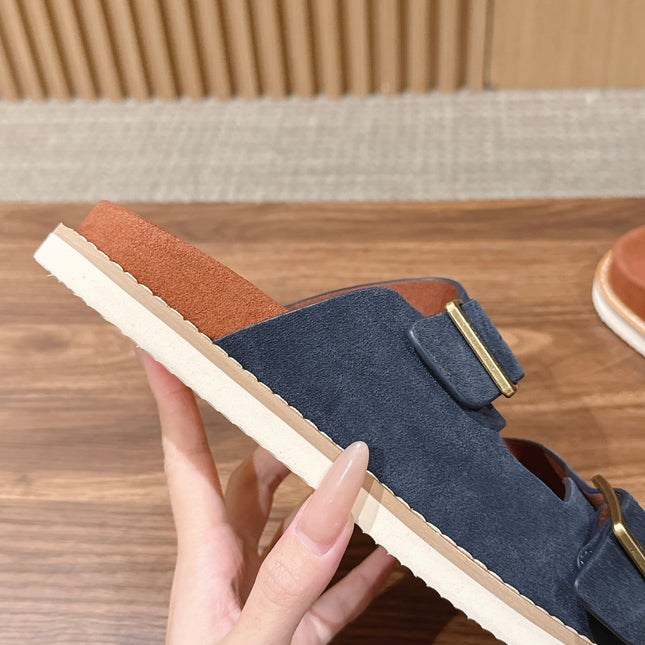 LP 26S DOUBLE BUCKLE SLIDES IN NAVY BLUE SUEDE GOLD HARDWARE
