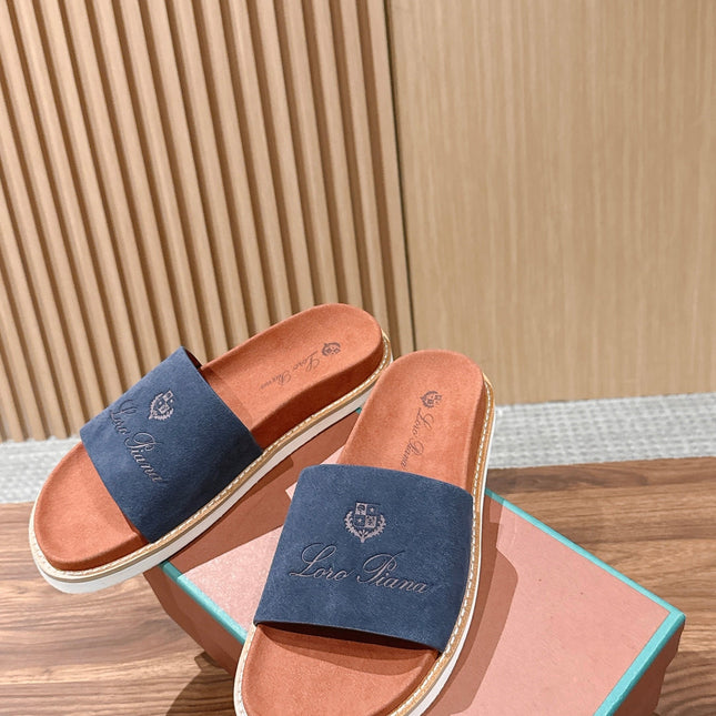 LP 26S SLIDES SANDAL IN NAVY BLUE SUEDE WITH LOGO