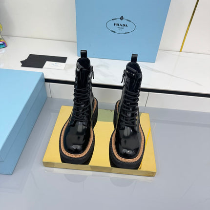 PRADA 25S LONG THICK SOLED MARTIN BOOTS 50MM IN BLACK GLOSSY CALFSKIN