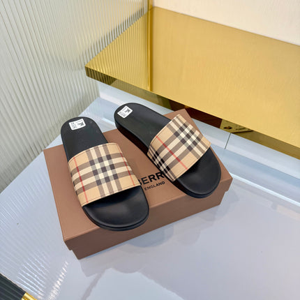 BURBERRY 26S SLIDES SANDAL IN BLACK BEIGE CALFSKIN