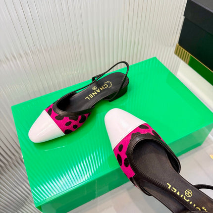 CHANEL 26S FLATS SLINGBACK IN WHITE PATENT CALFSKIN WITH DARK PINK PONY HAIR