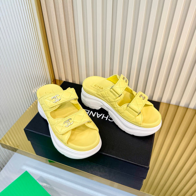 CHANEL 26S PLATFORM SANDALS IN YELLOW LAMBSKIN