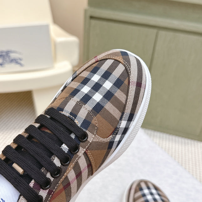 BURBERRY 26S PLAID TERRACE SNEAKERS IN BROWN CANVAS