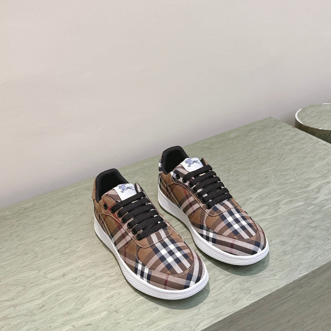 BURBERRY 26S PLAID TERRACE SNEAKERS IN BROWN CANVAS