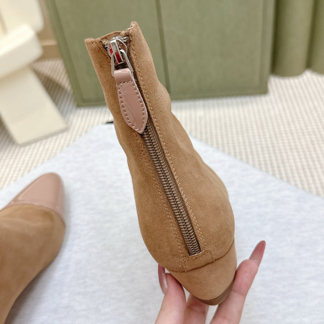 ALAIA 26S ANKLE BOOTS IN DARK BEIGE SUEDE AND GLOSSY CALFSKIN
