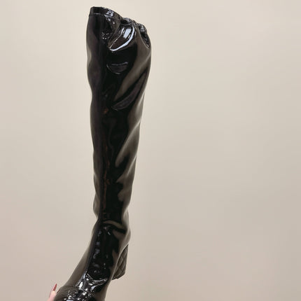 CHANEL 25S KNEE-HIGH BOOTS 60MM IN BLACK PATENT CALFSKIN WEDGE HEELS