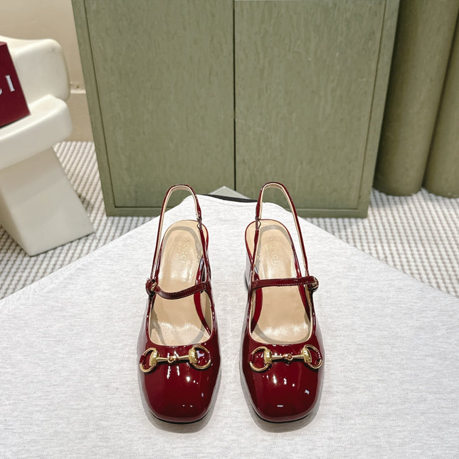 GG HORSEBIT SLINGBACK IN BURGUNDY RED SHINY CALFSKIN