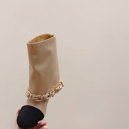 CHANEL 25S CALF-LENGTH BOOTS 45MM IN BEIGE AND BLACK CALFSKIN GOLD HARDWARE
