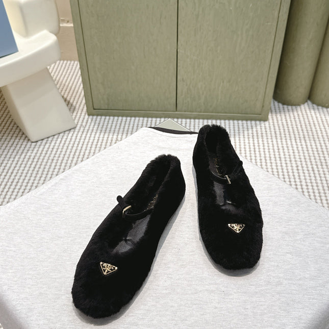 PRADA 25S MARY JANE BALLET FLATS IN BLACK FUR