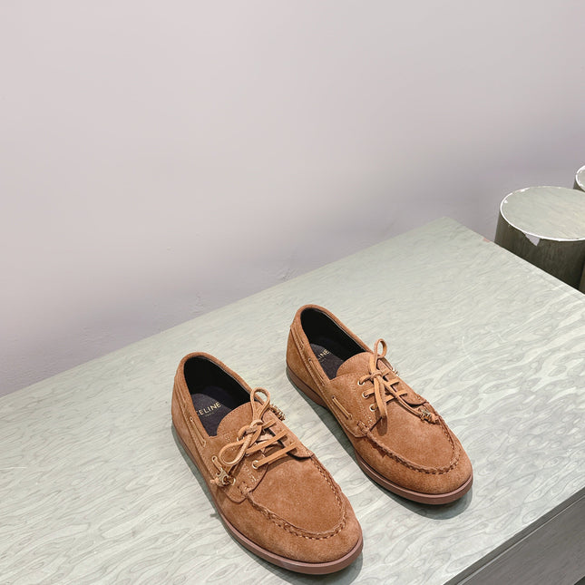 CELINE 26S LACE-UP LOAFERS IN BROWN SUEDE