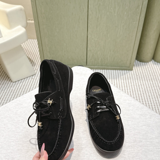 CELINE 26S LACE-UP LOAFERS IN BLACK SUEDE