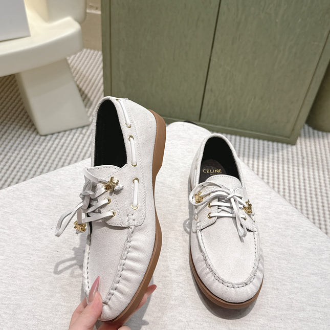 CELINE 26S LACE-UP LOAFERS IN OFF-WHITE BEIGE SUEDE