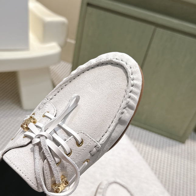 CELINE 26S LACE-UP LOAFERS IN OFF-WHITE BEIGE SUEDE